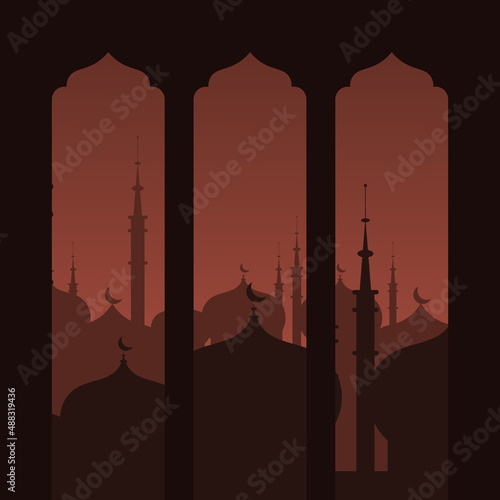 Drawn mosque night view from arch. Vector illustration of Islamic Background
