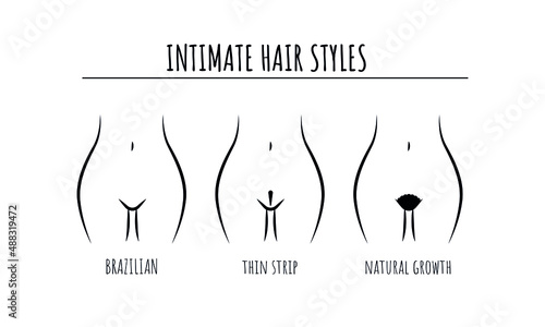 Intimate hair style infographic. Brazilian, Strip, Full or Natural growth. Haircuts types, hairstyles female zone. Vector