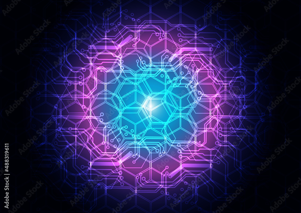Abstract technology futuristic digital circuit and hexagon with light glowing on dark blue background, illustration vector design background. Abstract technology futuristic digital circuit and hexagon with light glowing on dark blue background, illustration vector design background.