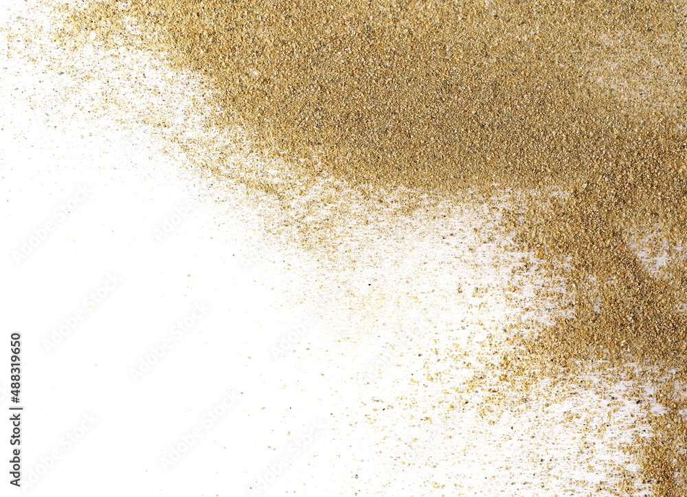 Yellow sand pile isolated on white background and texture, with clipping path, top view Yellow sand pile isolated on white background and texture, with clipping path, top view