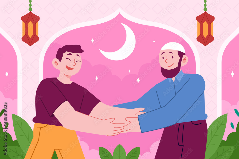 Islamic Family eid mubarak concept vector Illustration idea for landing page template, Happy Idul Fitri celebration, people forgive mistakes handshake, greeting card, invitation, Hand drawn Flat Style Islamic Family eid mubarak concept vector Illustration idea for landing page template, Happy Idul Fitri celebration, people forgive mistakes handshake, greeting card, invitation, Hand drawn Flat Style