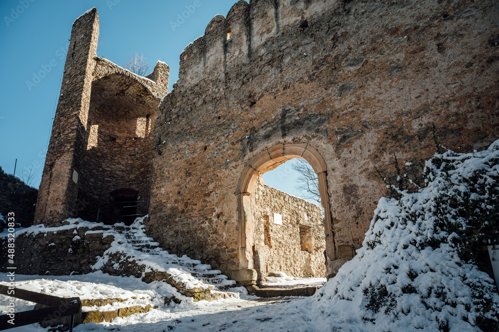Fototapeta premium Castle Chojnik (Zamek Chojnik) in Poland during winter sunny day