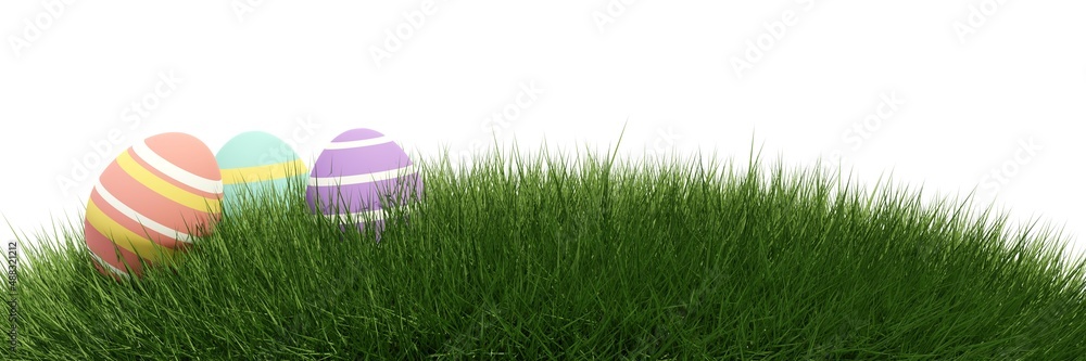 Fototapeta premium Round shape of green grass with eggs, easter border or edge wide banner isolated on white background, easter greeting card template element