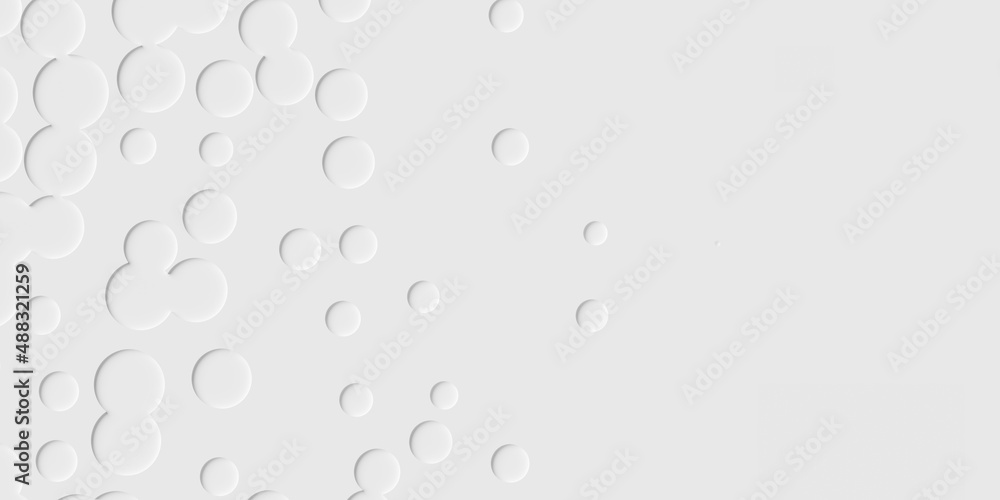 Fading out random moved inset circle or cylinder shapes on white background wallpaper banner pattern with copy space