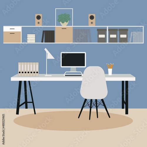 Modern Minimalist office Workplace Interior. Scandinavian style working space. Flat design template work at home. Blue background.