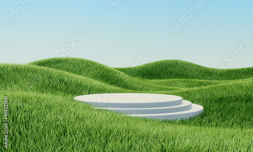 Green grass field with white cilinders. Podium. Summer landscape scene mockup. 3d illustration