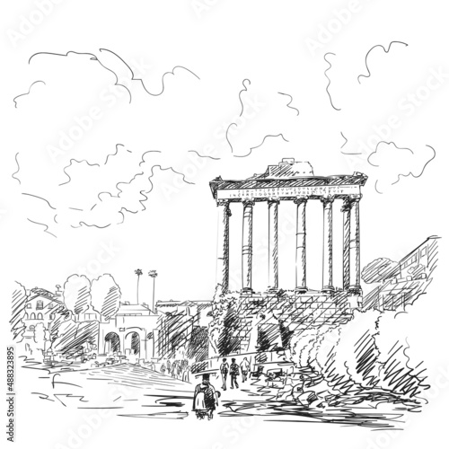 January 25, 2018: Hand drawn vector sketch of pillars of temple of Saturn in Roman Forum under cloudy sky, which is located in Rome, Italy