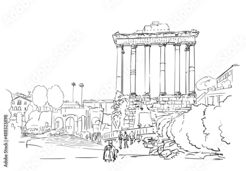 January 25, 2018: Hand drawn vector linear sketch of pillars of temple of Saturn in Roman Forum, which is located in Rome, Italy