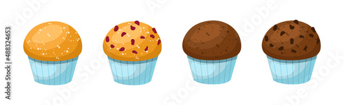 Set of fresh white and brown muffin with chocolate crumbs isolated vector illustration. Sweet cupcake delicious dessert collection. Bakery product