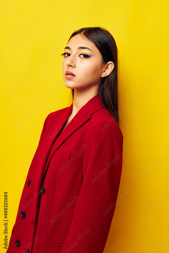 beautiful brunette fashion jacket posing isolated background unaltered