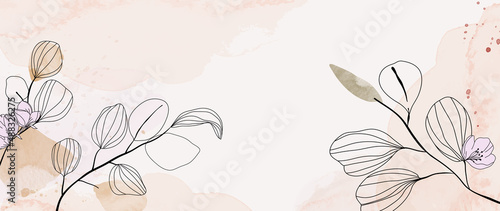 Floral hand drawn background. Botanical line art wallpaper with flowers, branches and eucalyptus leaves. Design in red and green shades watercolor texture for banner, prints, wall art and home decor.