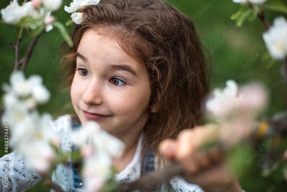 Naklejka premium A cute little girl of 5 years old in a blooming white apple orchard in spring. Springtime, orchard, flowering, allergy, spring fragrance, tenderness, caring for nature. Portrait