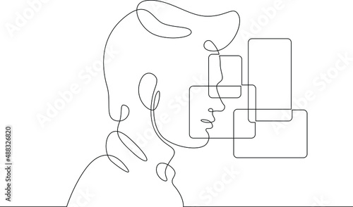 One continuous line.Augmented reality.Many screens in front of the user.Multiwindows of the virtual application.Virtual Reality.Continuous line drawing.Line Art isolated white background.