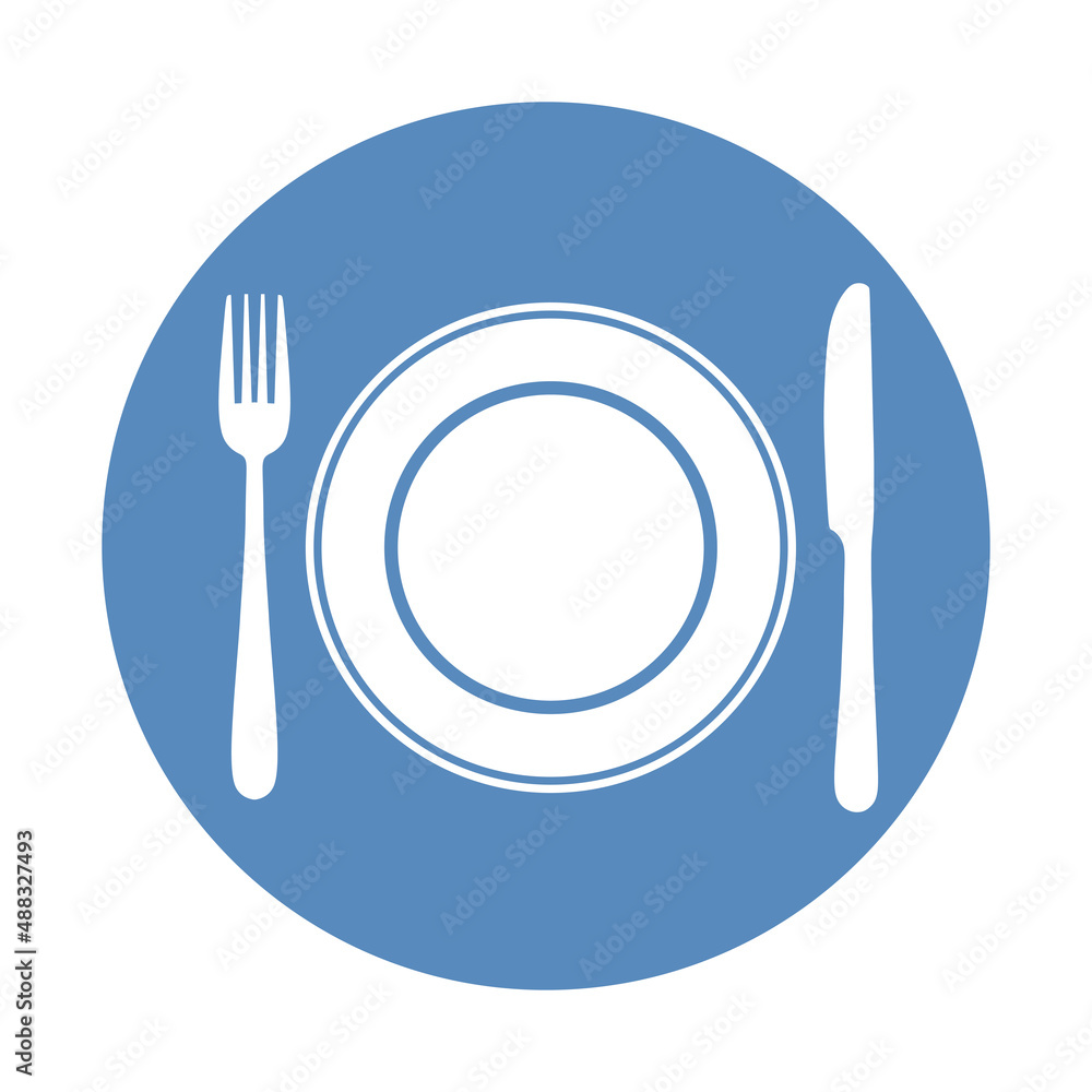 Fork and spoon and plate placed in blue circle. Restaurant, cafe symbol. Fork and spoon and plate placed in blue circle. Restaurant, cafe symbol.