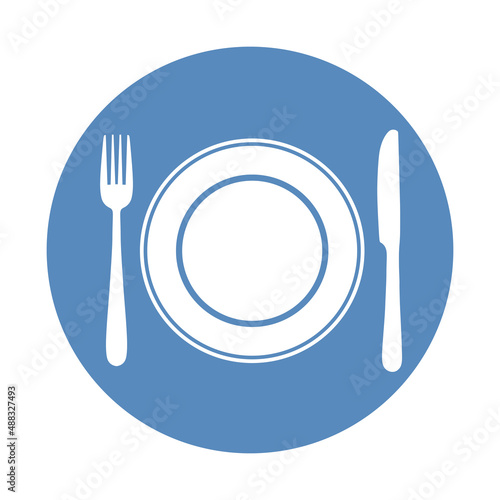 Fork and spoon and plate placed in blue circle. Restaurant, cafe symbol.