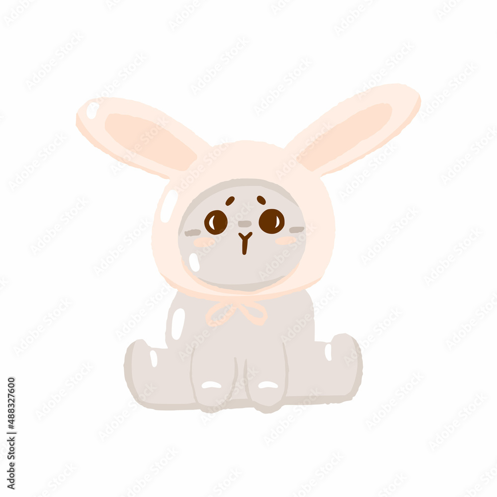 Obraz premium Cute easter hunt egg bunny with big ears hat, concept spring religious holiday, baby rabbit icon, cartoon hare doodle vector illustration, isolated on white.