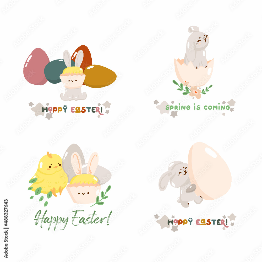 Fototapeta premium Set of concept bunny easter text greeting card, cute spring religious holiday chick, rabbit icon cartoon doodle vector illustration, isolated on white.