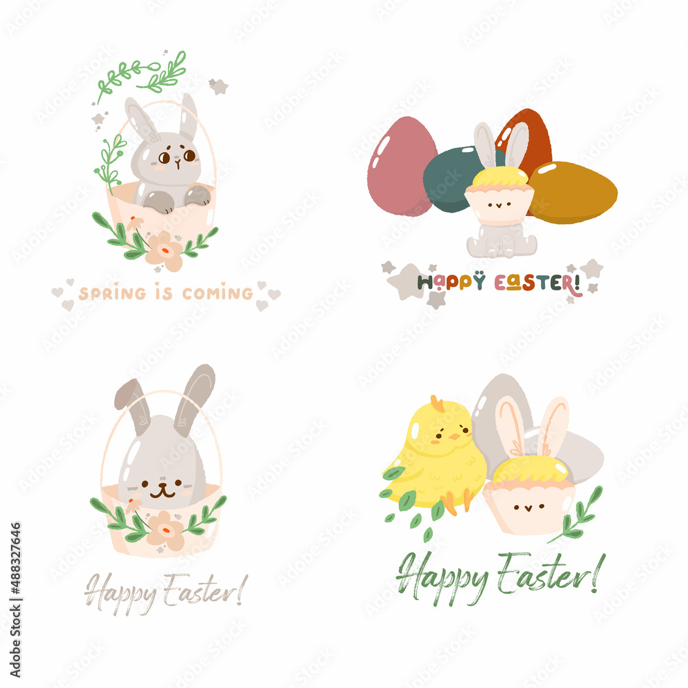 Set of concept bunny easter text greeting card, cute spring religious holiday chick, rabbit icon cartoon doodle vector illustration, isolated on white. Set of concept bunny easter text greeting card, cute spring religious holiday chick, rabbit icon cartoon doodle vector illustration, isolated on white.