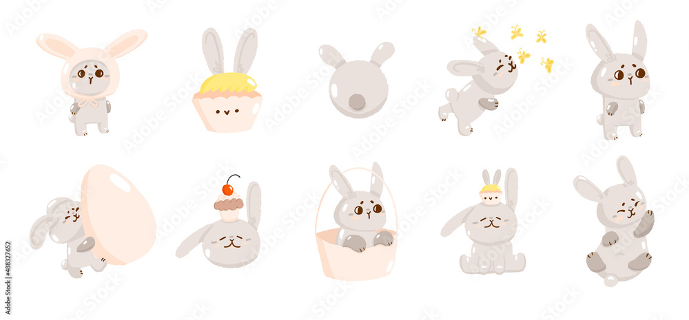Set of cute easter hunt egg bunny, concept spring religious holiday, baby rabbit icon, cartoon hare doodle vector illustration, isolated on white. Set of cute easter hunt egg bunny, concept spring religious holiday, baby rabbit icon, cartoon hare doodle vector illustration, isolated on white.