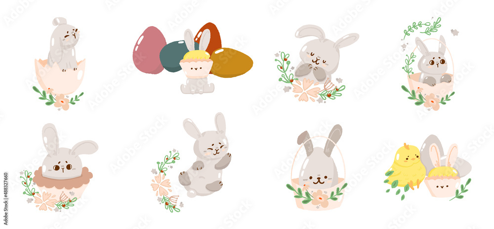 Set of concept bunny easter card with green leaf, cute spring religious holiday, chick rabbit cartoon doodle vector illustration, isolated on white.