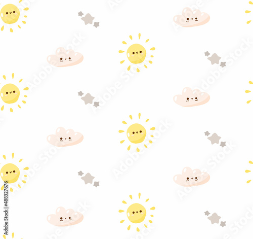 Concept cute weather seamless pattern  doodle sun  star and cloud icon  cartoon vector illustration background. Kindergarten texture decoration.