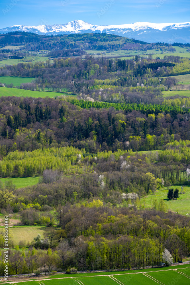 view on Karkonosze mountains and Kaczawskie mountains during spring sunny day, Poland