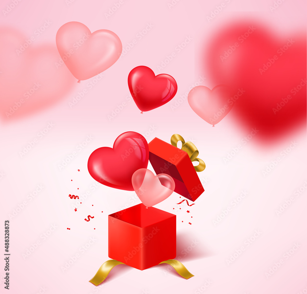 Valentines Day illustration with balloons and gift box. 3d vector illustration