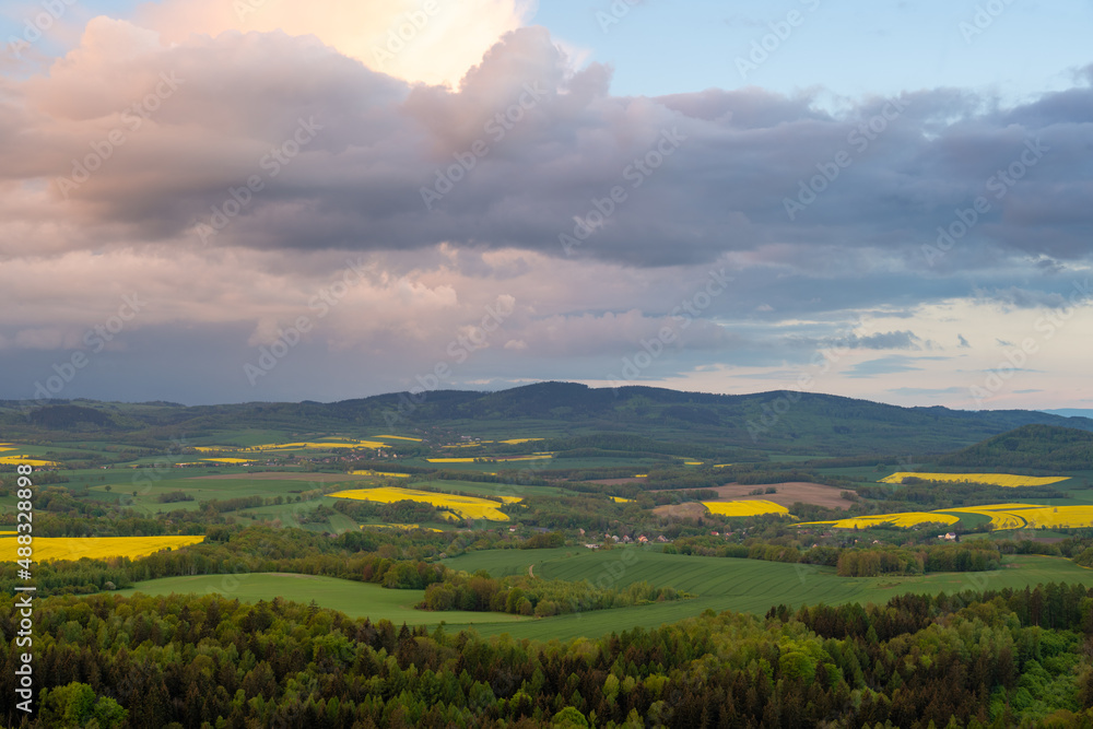 view of the Kaczawskie Mountains in the Sudetes during sunset at spring in Poland