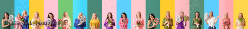 Group of women with bouquets of flowers and balloons in shape of figure 8 on color background. International Women's Day celebration photo