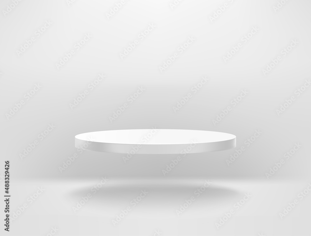 White room with flying circle podium. Levitated platform. Realistic 3d style vector illustration White room with flying circle podium. Levitated platform. Realistic 3d style vector illustration