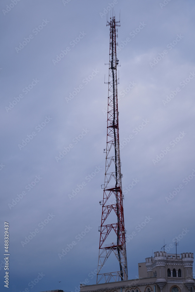 scaffolding with antennas on a blue background scaffolding with antennas on a blue background