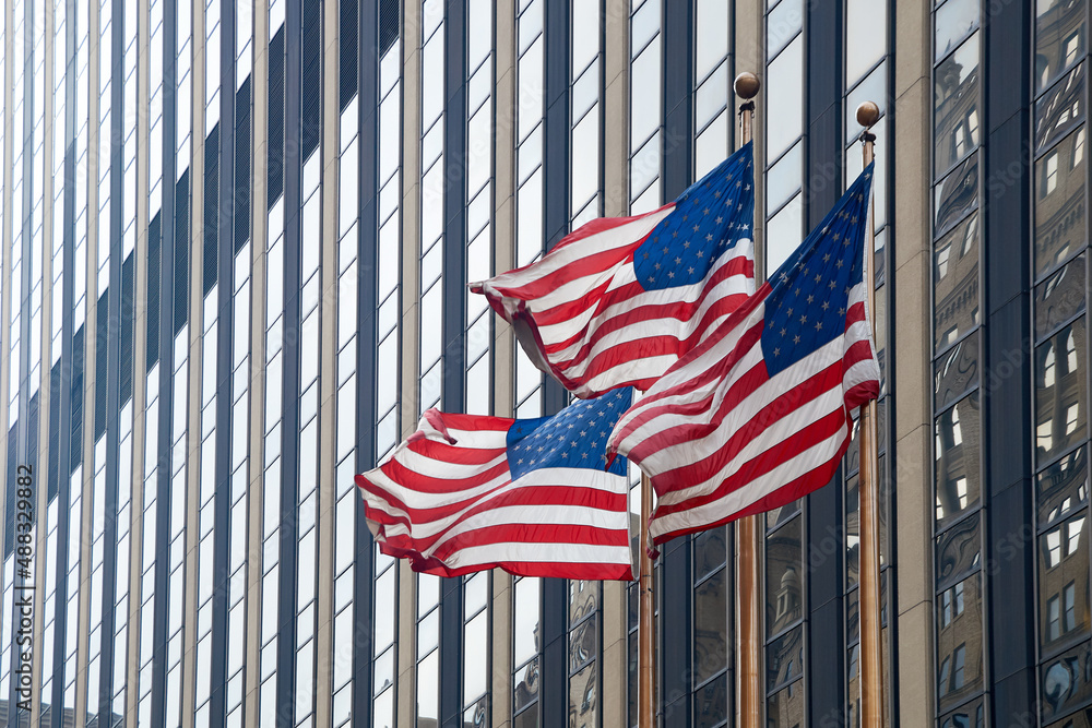Flags of the United States waving in the wind in New York City
