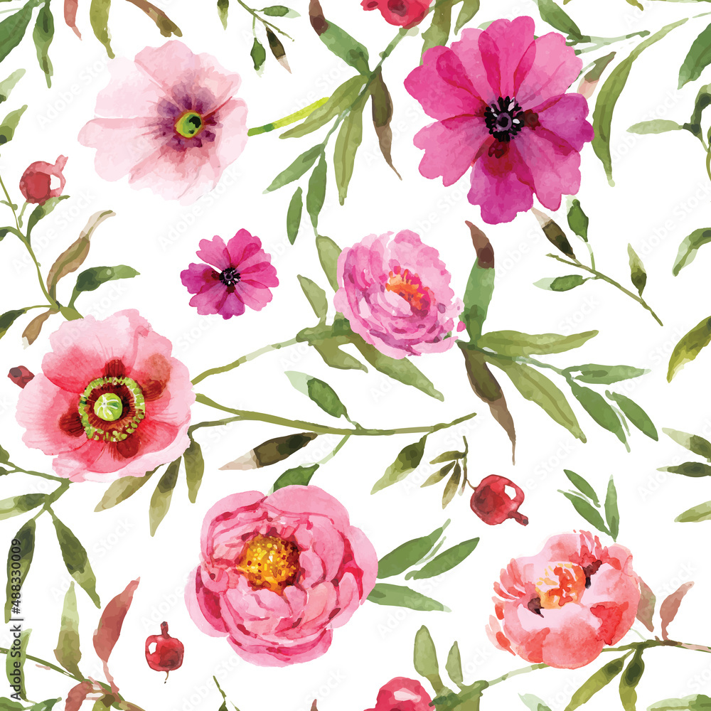 Lovely floral seamless pattern with pomegranates in watercolor style