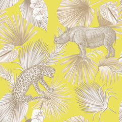 Wandcirkels Botanische print patronen Exotische jungle met neushoorn en orchidee  © good_mood