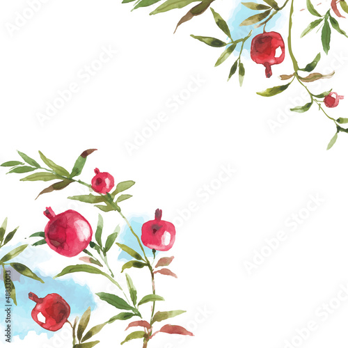 Pretty floral background with pomegranates in watercolor style