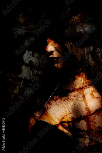 Woman with bloody mouth closeup photo