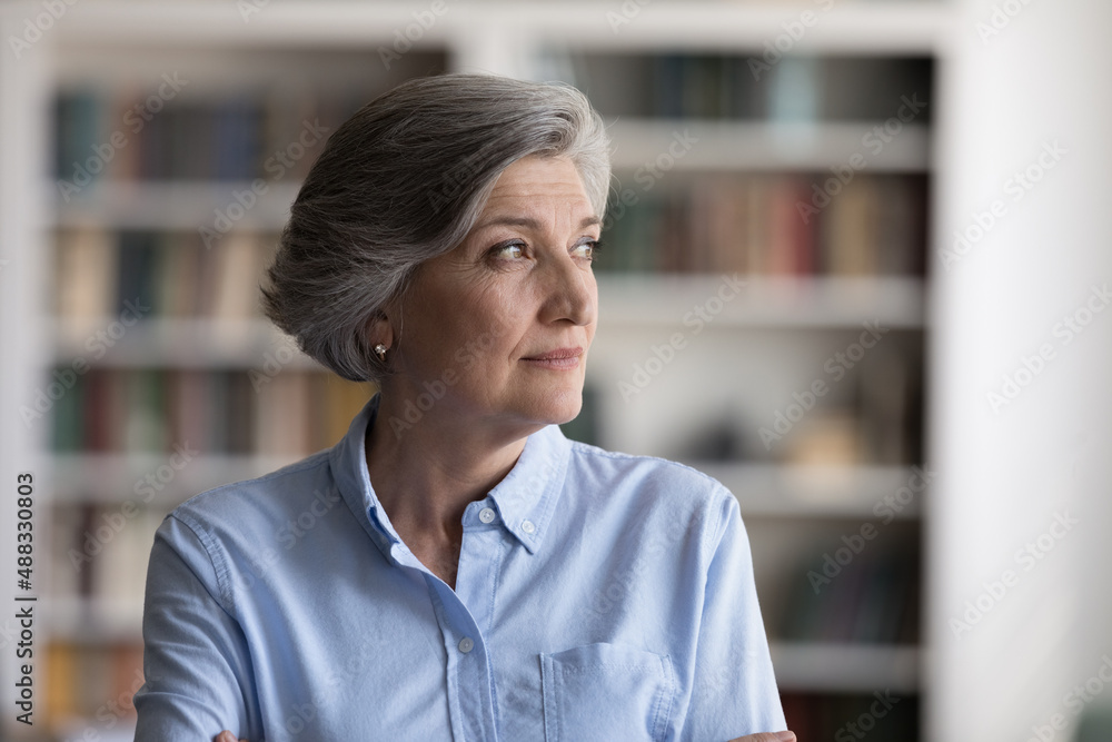 Fototapeta premium Happy dreamy pensive old woman looking away in distance, lost in thoughts or considering problem solution, visualizing future, planning weekend or workday, meditating or enjoying peaceful moment.