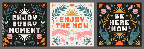 Boho celestial vector posters with inspirational quotes in trendy bohemian style. Tarot magic card.