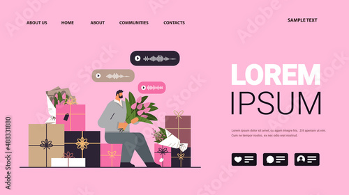 man communicating in instant messengers by voice messages 8 march international womens day celebration