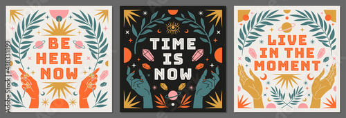 Boho celestial vector posters with inspirational quotes in trendy bohemian style. Tarot magic card.