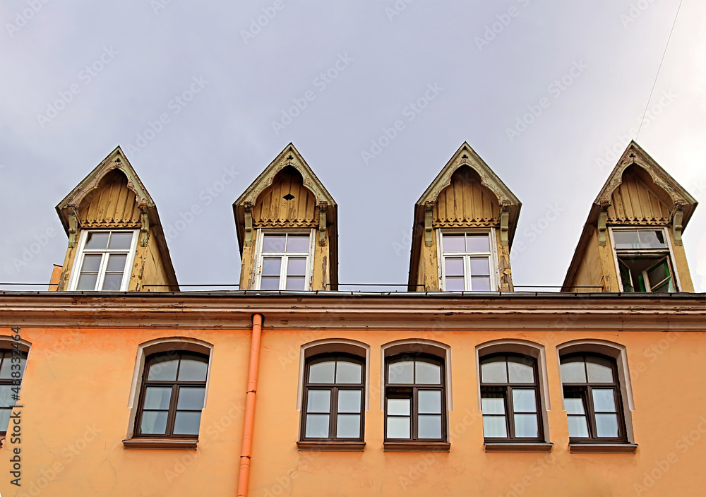 Fototapeta premium Old wooden garrets in old town of Riga, Latvia