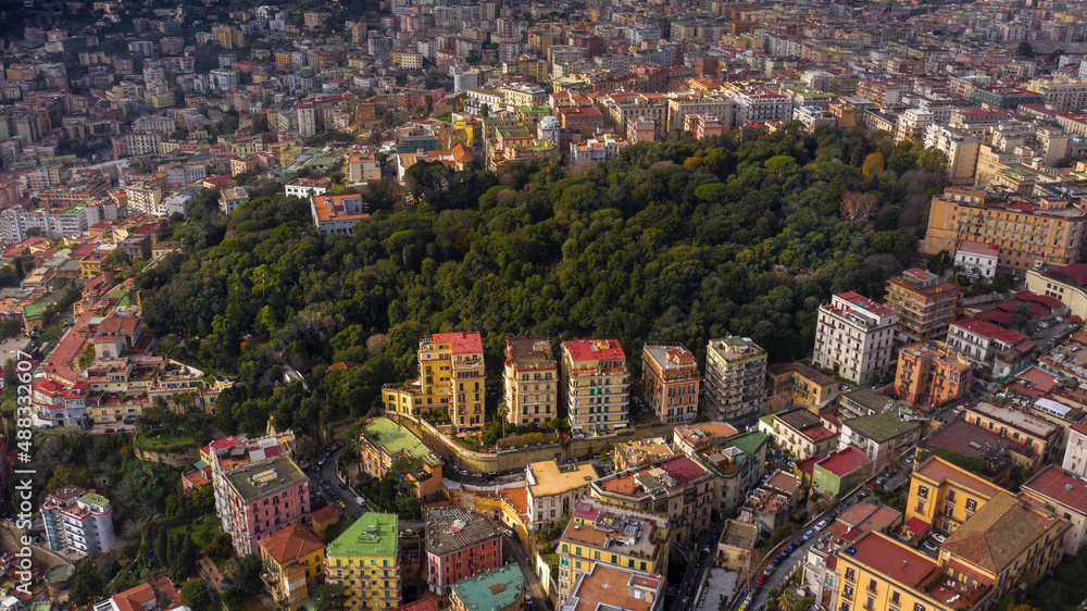 Aerial view of the Floridiana park located in the Vomero district in Naples, Italy. Its trees are a green lung of the city.