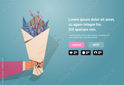 human hand holding bouquet of flowers 8 march happy womens day celebration concept greeting card