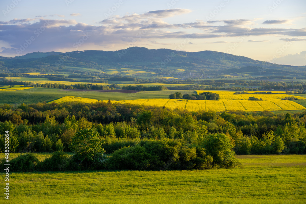 view on Kaczawskie mountains in Sudeten during sunset at spring in Poland