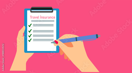 Travel Insurance policy concept.
Vacation protection plan concept with insurance survey on clipboard.
Clipboard with agreement protection document.