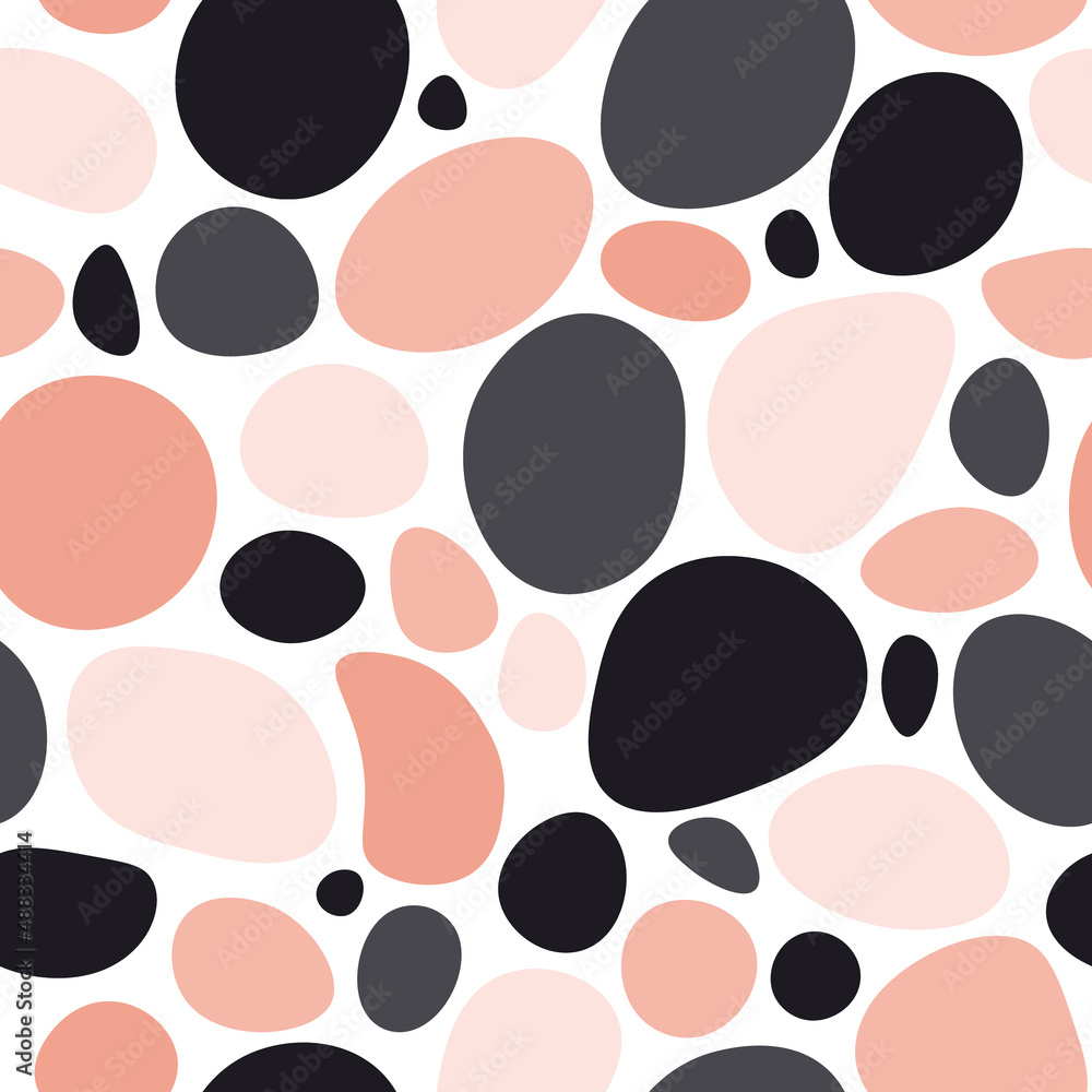 Seamless geometric pattern. Pink, gray, blue round elements on a white background. Design for clothes, fabric, wrapping paper, wallpaper. Beautiful colors of muted tones.