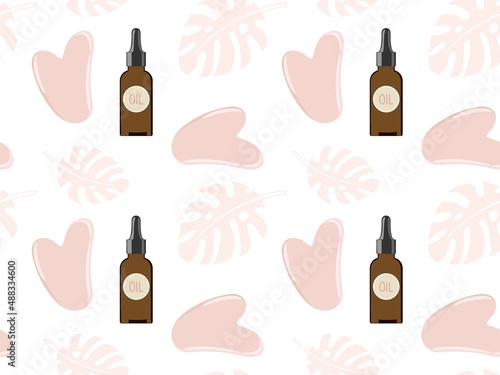 Seamless pattern with Gua sha stone, massage oil, tropical leaves. Natural rose quartz Stone Scraper, medical bottle with oil. Repeated vector for wallpaper, wrapping, textile, packaging