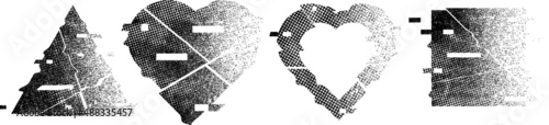 Glitch distorted geometric shape  . Noise destroyed  logo . Trendy defect error shapes . Glitched frame  .Grunge textured . Distressed effect .Vector shapes with a halftone dots screen print texture.