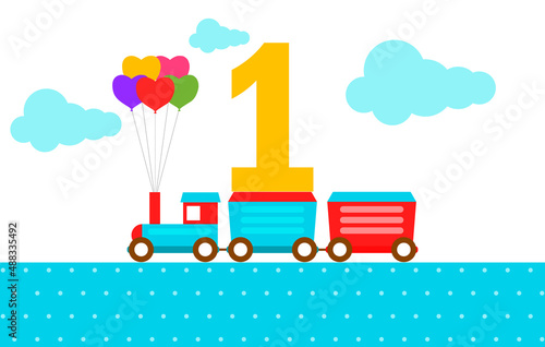 Festive card for the birthday of a child, a cartoon steam locomotive carries a one for a birthday. Vector, cartoon illustration.