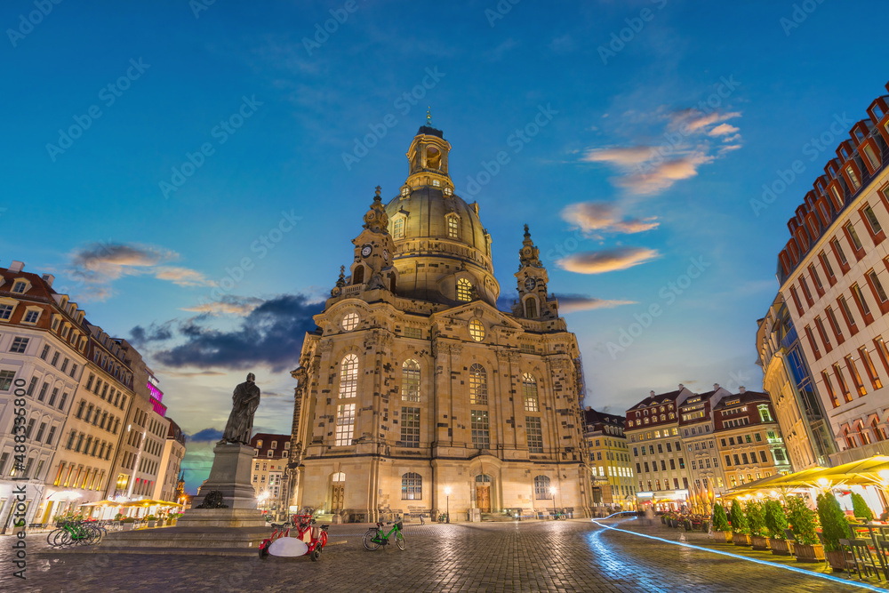 Dresden Germany, night city skyline at Frauenkirche Church